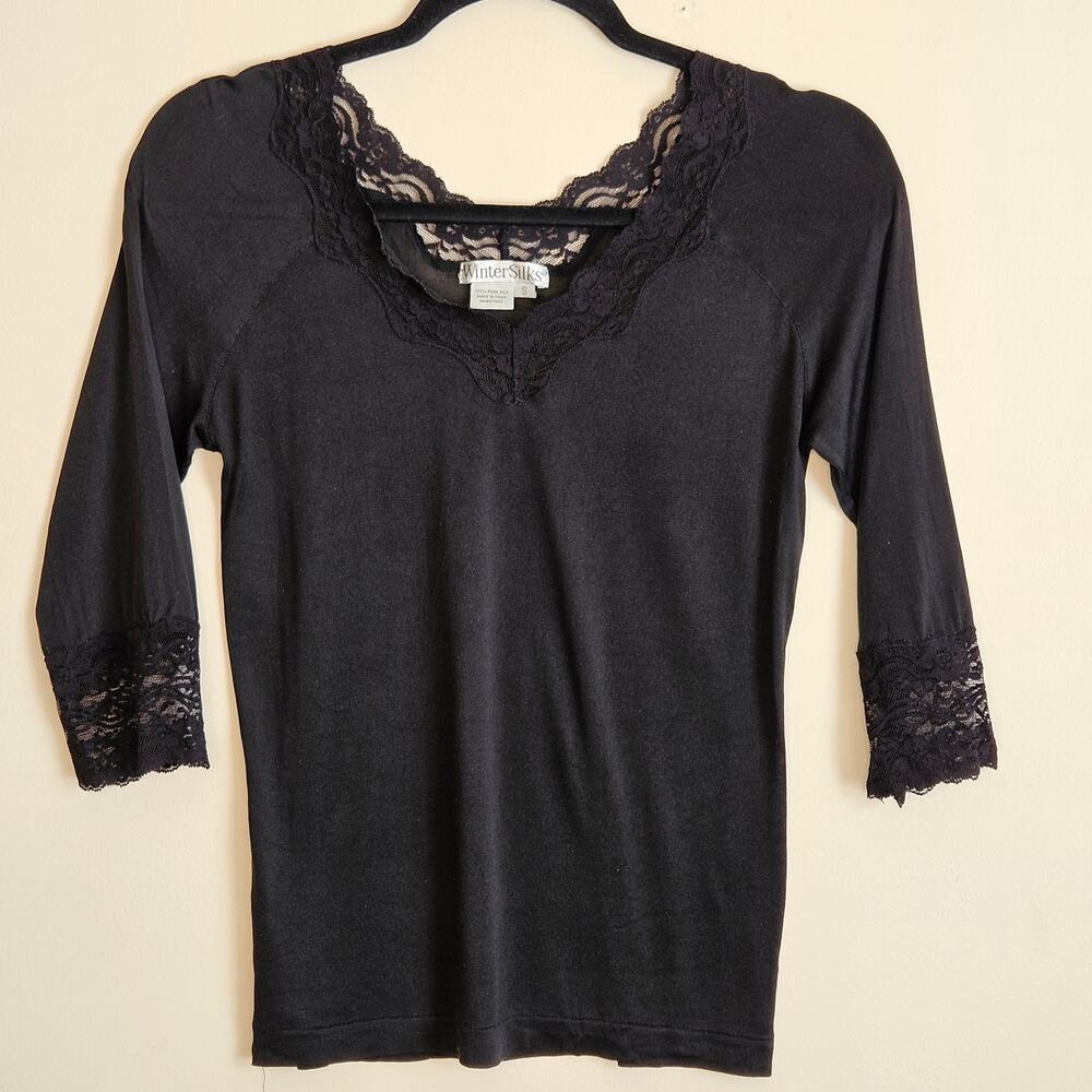 Winter Silks Base Layer, Lace Edge, V Neck, Black, 100% Silk, Sz S